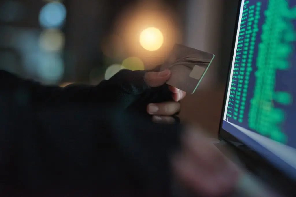 A person holding a credit card on a laptop.