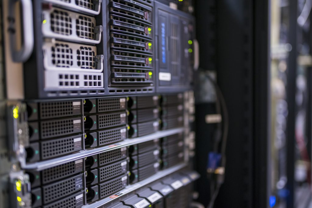 A server rack in a data center.