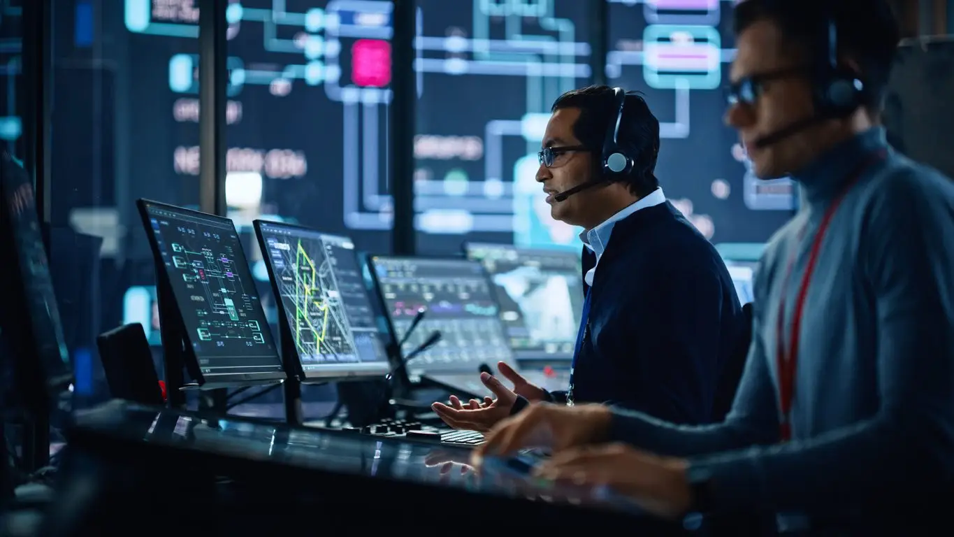 A group of people in a control room.