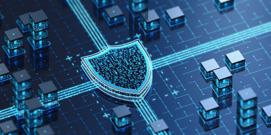 A circuit board with a shield and many squares.