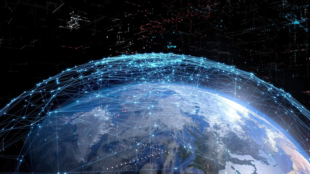 A digital rendering of Earth with an interconnected network of blue lines and nodes surrounding the planet, symbolizing global communication and connectivity.