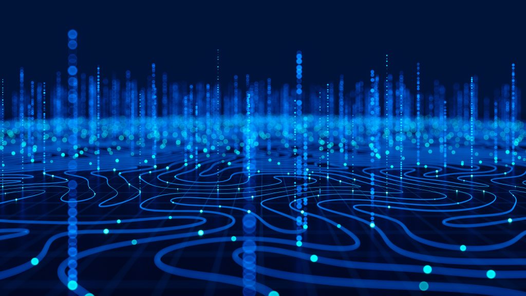 Digital illustration featuring a grid with blue glowing lines and dots, representing data flow and connections on a dark background.