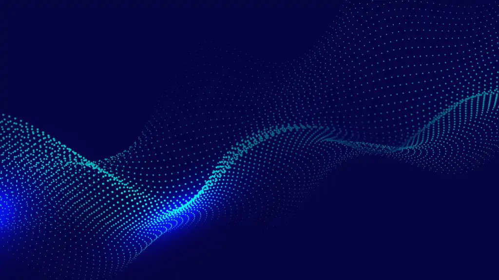 A dark blue background with wave-like patterns made of small, glowing blue and teal dots forming a flowing, abstract visual representation.