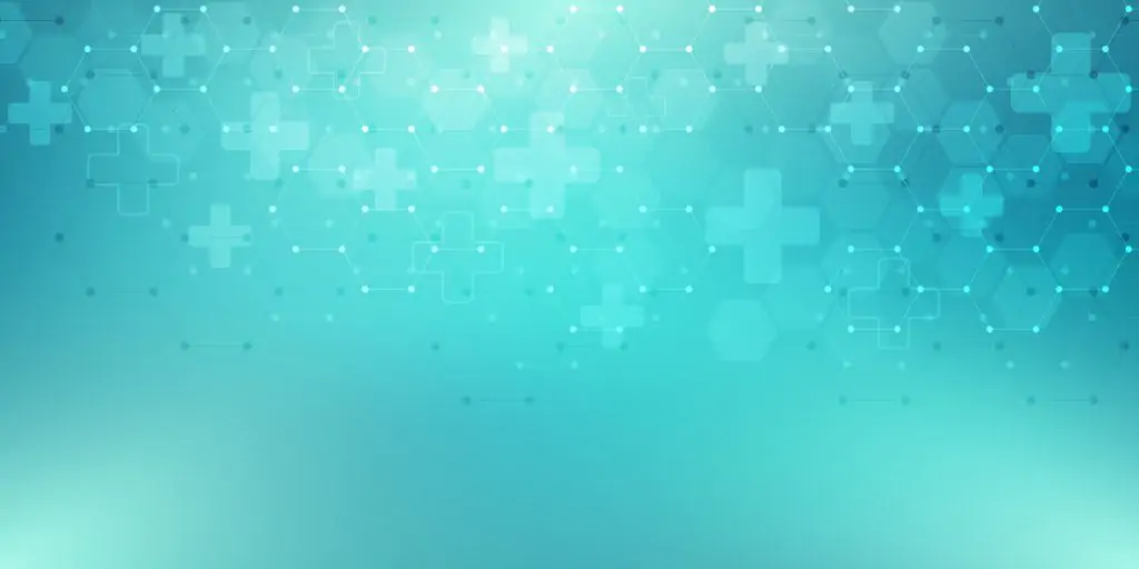 Abstract teal medical background with hexagons and plus signs interconnected by lines.