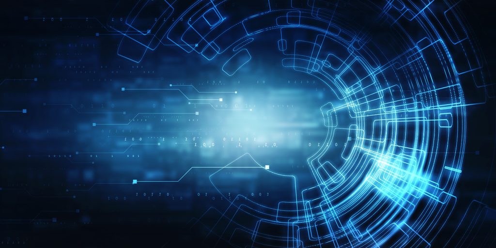 Abstract digital background with blue circular geometric patterns and circuit-like lines, suggesting technology or futuristic themes.