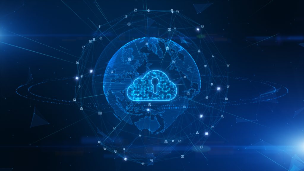 A digital illustration of a cloud with a keyhole in front of a blue globe, symbolizing cloud data security and global connectivity.