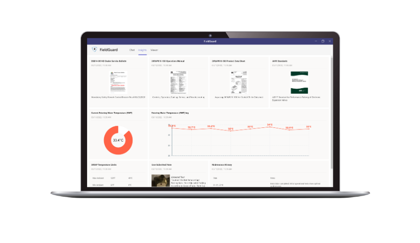 A laptop displays a dashboard with charts, graphs, and document previews on a white background.