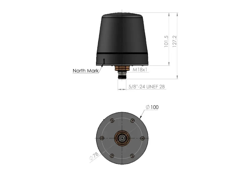 Dessin technique d'un dispositif cylindrique avec dimensions. La vue latérale montre une hauteur de 101,5 mm et une hauteur totale de 127,2 mm. La vue de dessous montre un diamètre de 100 mm et une section plus petite de 78 mm.  