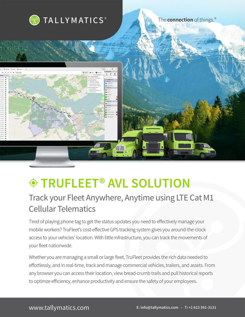 Publicité pour Tallymatics présentant la solution TruFleet AVL. Elle montre une flotte de véhicules verts et détaille des fonctionnalités telles que la télématique cellulaire LTE Cat M1 pour le suivi des mouvements de la flotte et l'accès aux données de localisation.