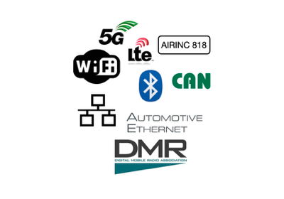 Différents logos de réseaux et de protocoles de communication, notamment 5G, Wi-Fi, LTE, AIRINC 818, CAN, Bluetooth, Ethernet automobile et DMR.