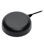 Une pédale USB noire et ronde avec un câble de connexion sur fond blanc.