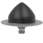 Un objet métallique noir en forme de cône avec une base circulaire plate et un connecteur cylindrique en dessous, sur un fond blanc uni.