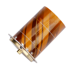 Objet cylindrique en bois avec une base circulaire en métal, doté d'un connecteur central en métal. Le cylindre présente un motif rayé.