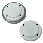 Deux couvercles circulaires en plastique blanc avec quatre trous de vis chacun, présentés côte à côte.