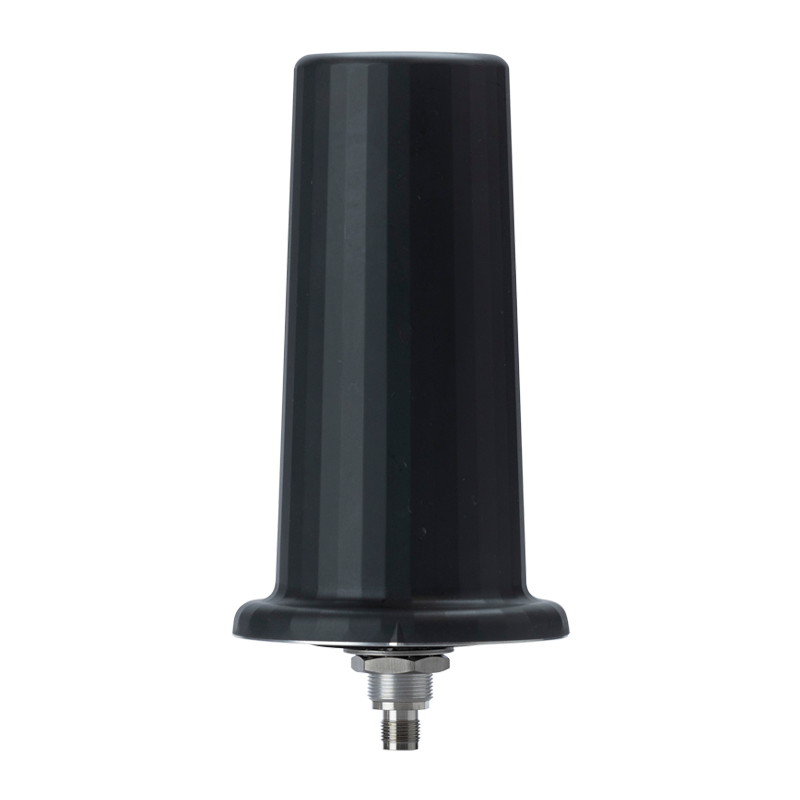 Antenne cylindrique noire avec une base plus large et un connecteur métallique à la base, sur fond blanc.