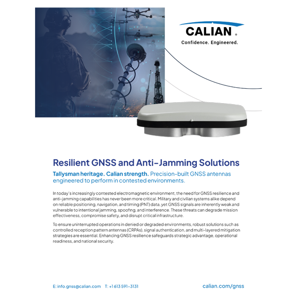 Un dispositif d'antenne GNSS est affiché au-dessus d'un texte détaillant les solutions GNSS et anti-brouillage de Calian, avec en arrière-plan des images techniques, industrielles et satellitaires.