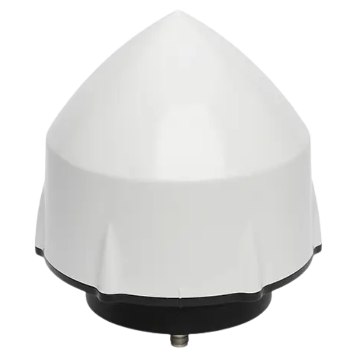 Antenne GPS blanche en forme de dôme avec une base noire, conçue pour être montée sur des surfaces afin de recevoir des signaux satellites.