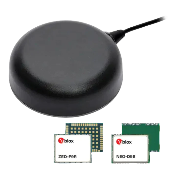 Une antenne GNSS ronde et noire avec un câble, présentée au-dessus de deux petits modules GNSS u-blox étiquetés ZED-F9R et NEO-D9S.