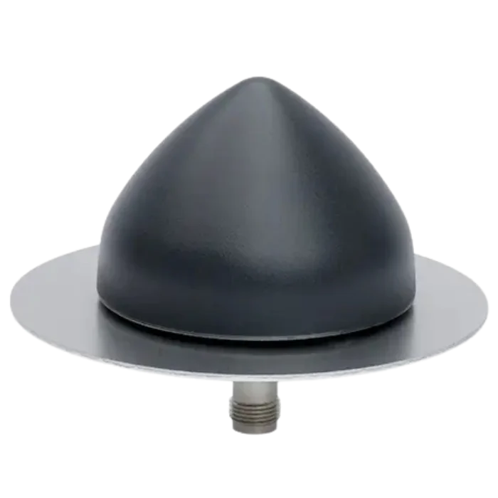 Paratonnerre de toit noir, en forme de dôme, avec une base circulaire et un connecteur fileté à la base.