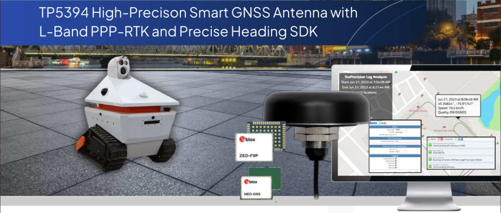 On voit un véhicule robotisé circulant sur une surface pavée, à côté de modules d’antennes GNSS et d’un écran affichant un logiciel de suivi de position. Une légende met en avant une antenne intelligente de haute précision dotée d’un SDK.