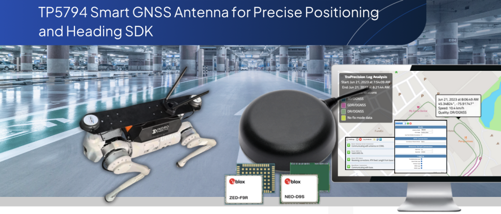 Un chien robotisé, une antenne GNSS, des modules électroniques et un écran d'ordinateur équipé d'un logiciel de cartographie illustrant les fonctions de positionnement et d'orientation au sein d'un site industriel moderne.