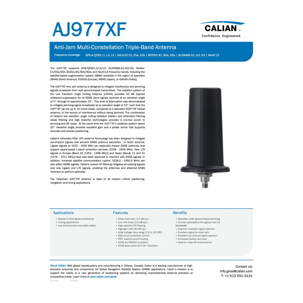 Fiche d'information sur le produit AJ977XF Anti-Jam Multi-Constellation Triple-Band Antenna by Calian, avec une photo de l'antenne et les spécifications techniques.