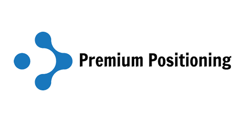 Logo abstrait bleu avec trois points connectés et un point séparé à gauche du texte "Premium Positioning" en lettres noires grasses sur fond blanc.
