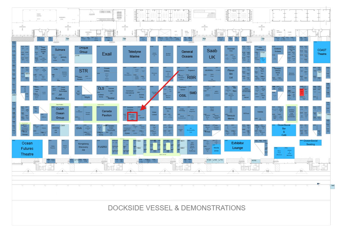 Trade show floor plan with booths labeled; a red arrow points from the "Canada Pavilion" to a highlighted booth nearby. "DOCKSIDE VESSEL & DEMONSTRATIONS" is labeled at the bottom.