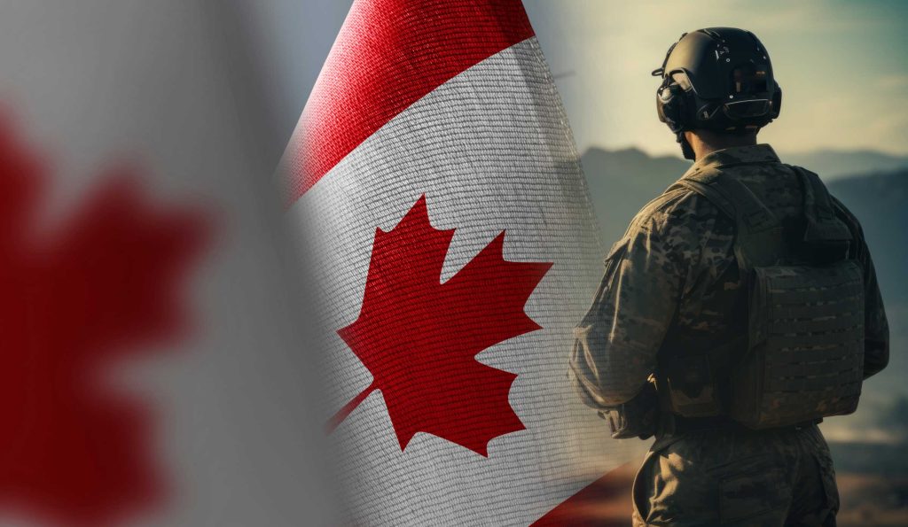 A Canadian flag with a red maple leaf is shown next to a person in military uniform and helmet, standing outdoors.
