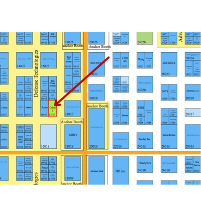 A trade show floor plan with booths labeled in blue and yellow; a red arrow points from the left toward booth 16020 in the Defense Technologies section.