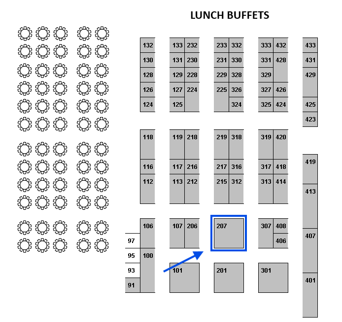 Floor plan shows round tables on the left, rectangular tables labeled with numbers in the center, and an arrow pointing to table 207, which is outlined in blue.