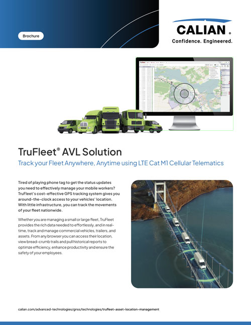 A brochure promoting Calian's TruFleet AVL Solution, featuring images of vehicles, a monitor displaying a map, and a bridge, with text highlighting LTE Cat M1 cellular telematics tracking.