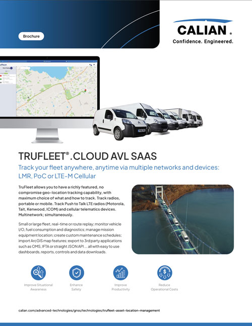 A brochure for Calian's TRUFLEET Cloud AVL SaaS shows a fleet management interface, several vans, and a bridge with icons highlighting system features.