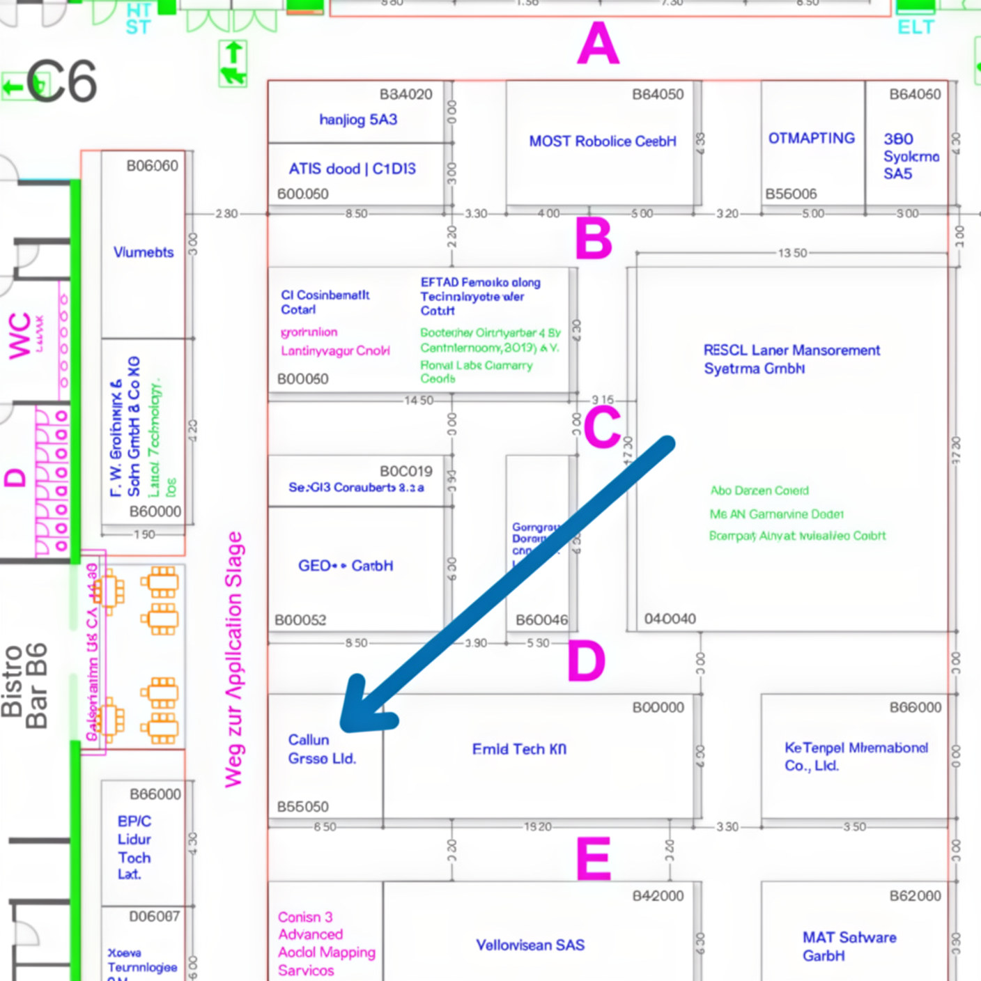 A blue arrow points to booth B5.506 for Callum Grsco Ltd. on a color-coded exhibition floor plan with labeled booths, stage areas, and company names.
