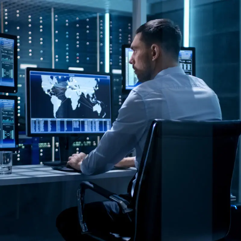 A man sitting at a desk, in front of a computer that's displaying an illuminated map of the world.