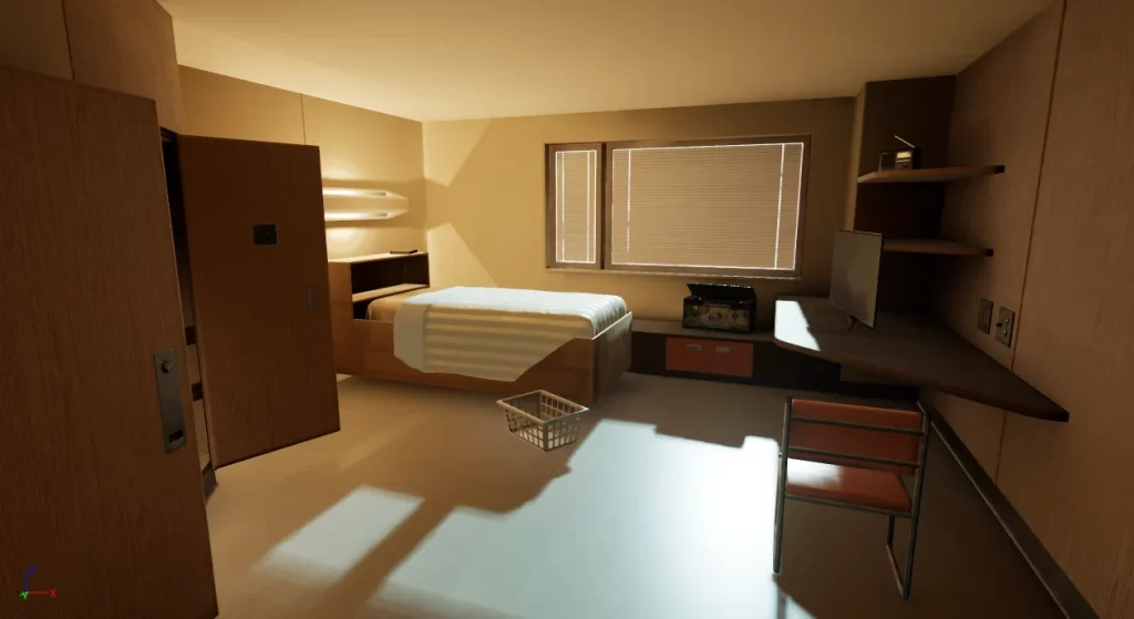 A neat, well-lit bedroom with a bed, a desk, a chair, a window with blinds, wooden shelves, and a laundry basket on the floor.