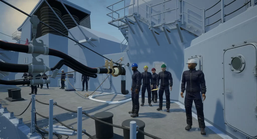 A group of workers in protective gear stand on an industrial site, near large machinery and cables, performing maintenance or inspection tasks.