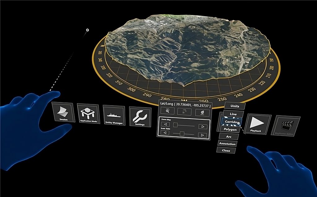 Virtual reality interface with blue hands interacting with a 3D terrain model and various control options displayed around it.