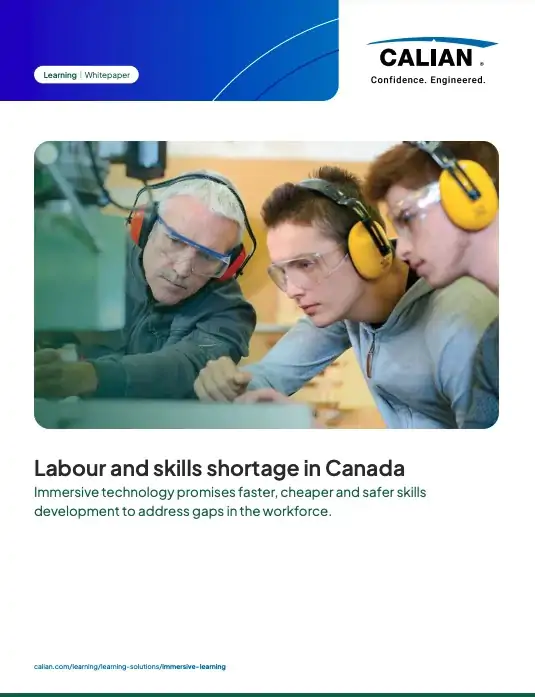 Three people wearing safety goggles and headphones focus on a machine in a workshop; text highlights labour and skills shortages in Canada and the role of immersive technology in skills training.