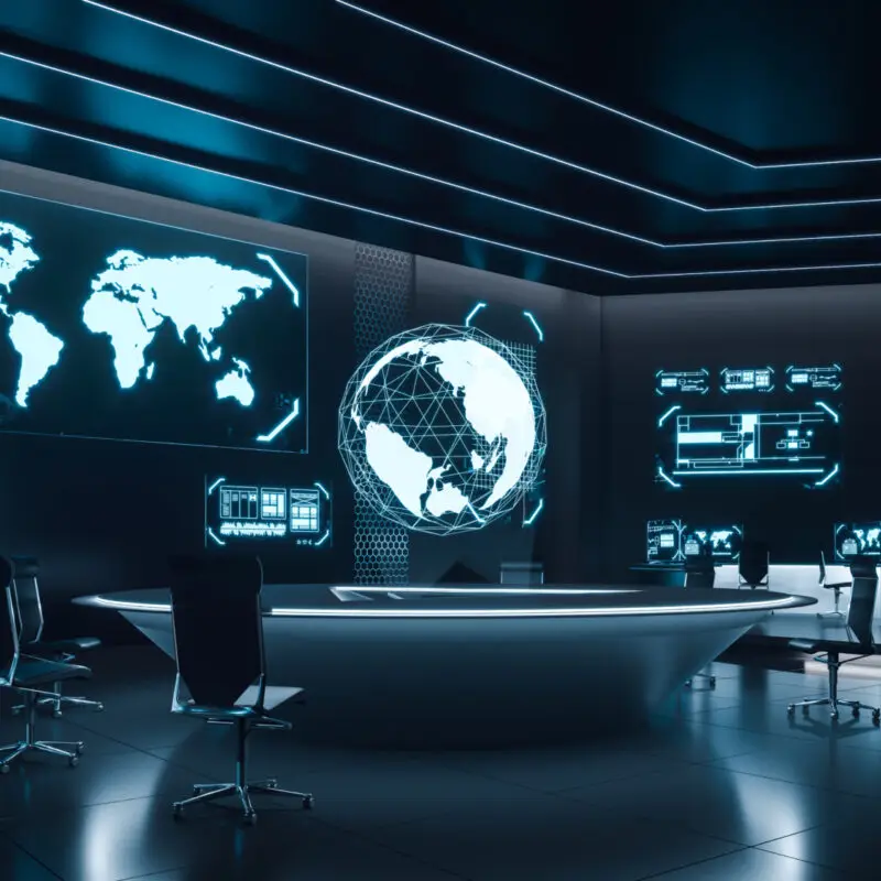 Une salle de stratégie de défense de type militaire, avec diverses cartes et un écran baignant dans une lumière fluorescente bleue.