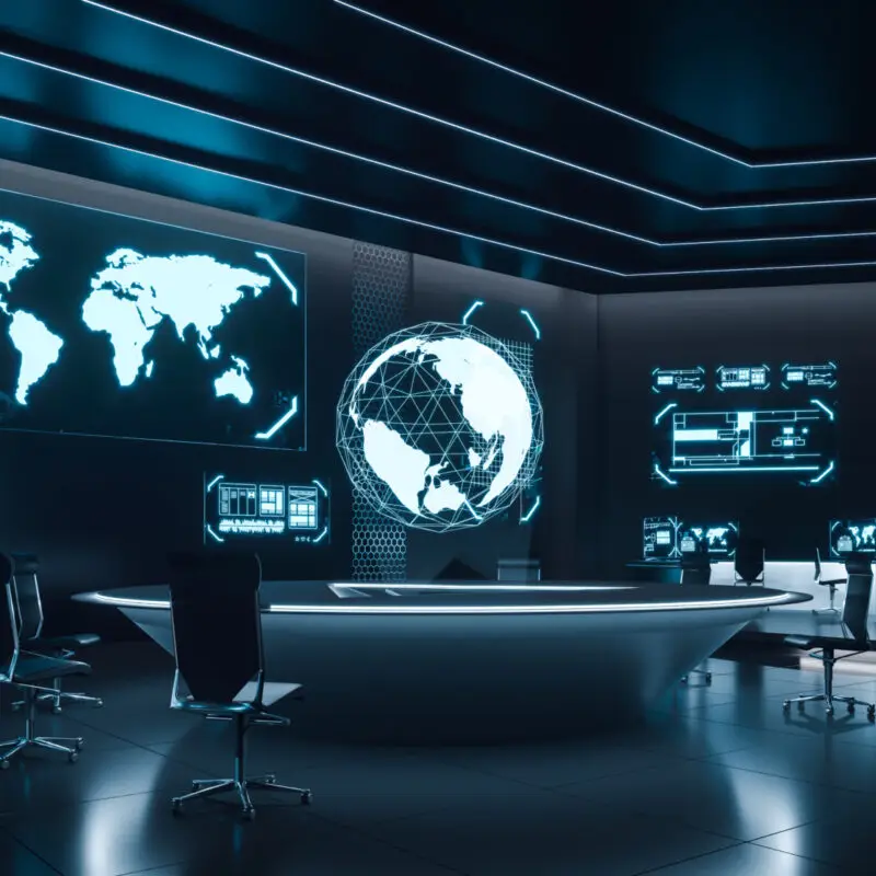 S military-style defence strategy room, with various maps and screen bathed in blue fluorescent light.