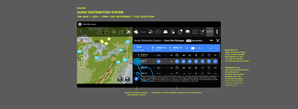 Screenshot of an audio distribution system interface with map, file selection, and various controls for adjusting audio channels and settings displayed on a dark background.