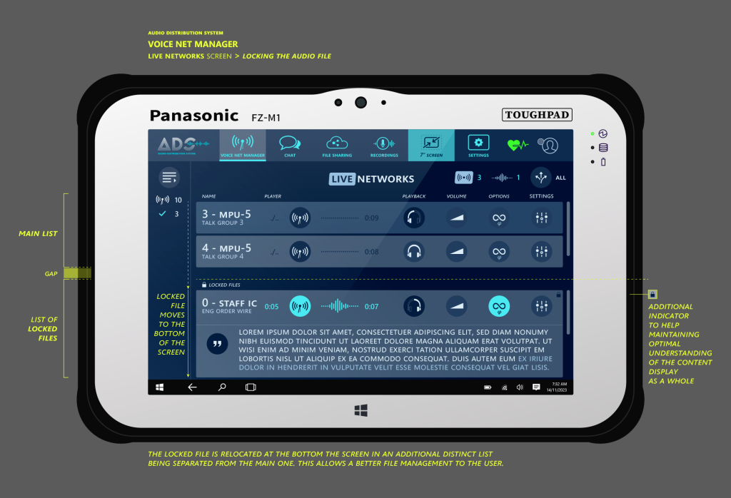A Panasonic Toughpad FZ-M1 displaying a network management interface with various icons and lists, accompanied by descriptive annotations around the screen.