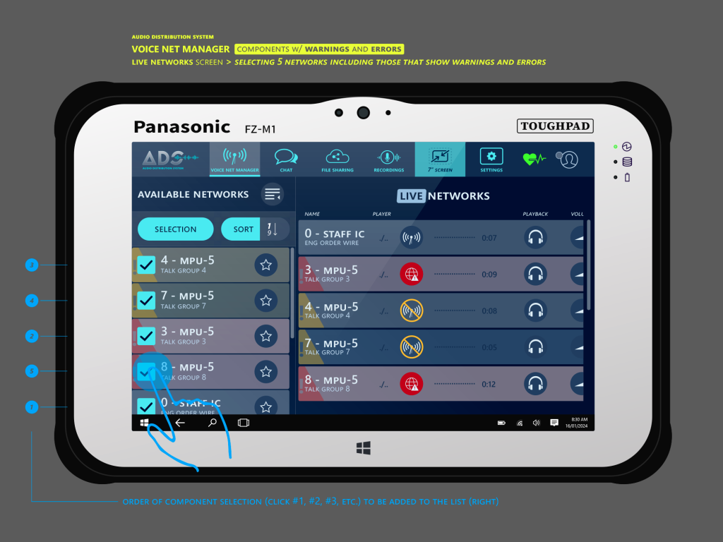 Tablet interface showing a live networks screen with lists of available and active networks. Various status icons are displayed next to each network. The tablet is labeled Panasonic FZ-M1.