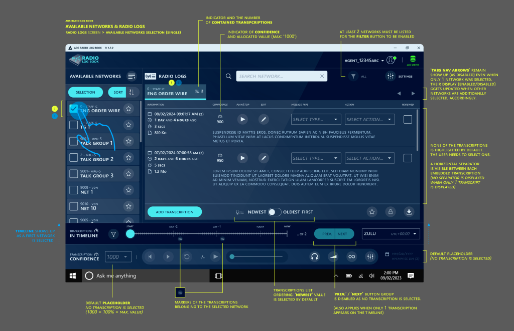 User interface of a radio log system showing options for network selection, transcription control, and various settings. Features include a search bar, buttons, and dropdown menus for user interaction.