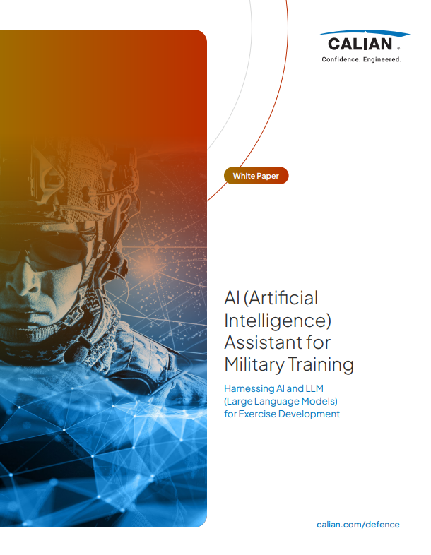 Cover page of a white paper titled "AI (Artificial Intelligence) Assistant for Military Training" by Calian, featuring a digitally altered image of a soldier with network graphics.