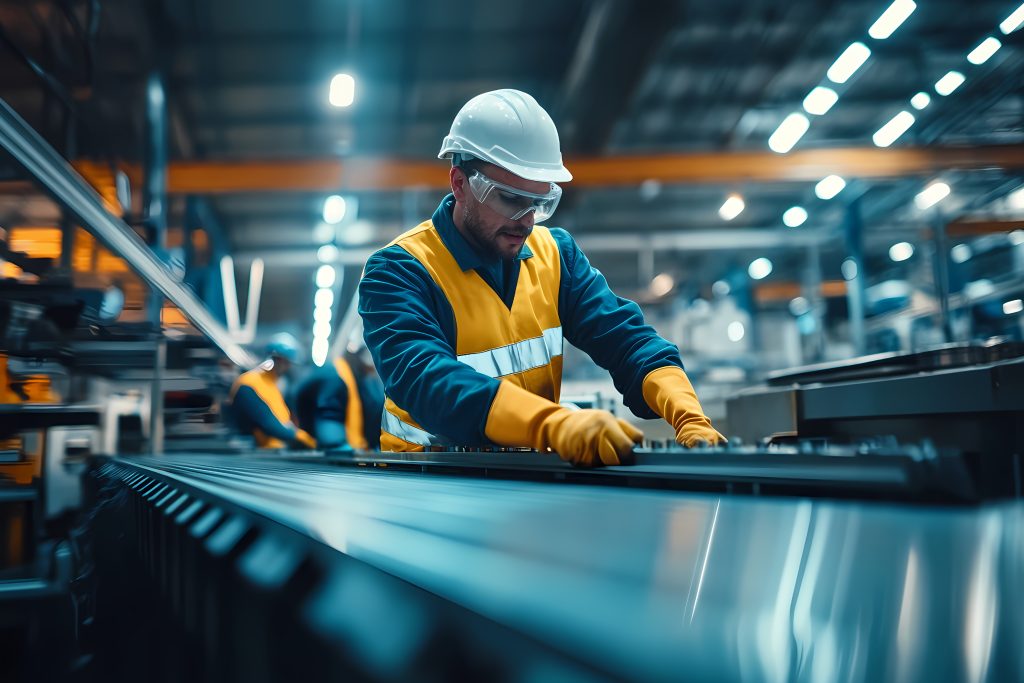 Worker wearing safety gear inspects metal sheets on a production line inside a brightly lit industrial factory.