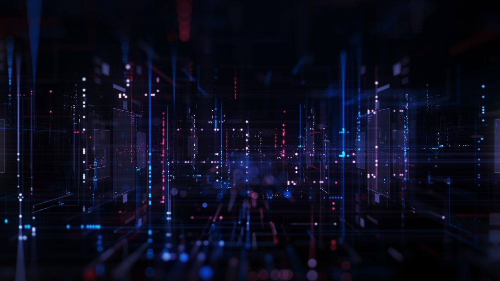 A digital abstract image of a futuristic data network, featuring glowing blue and red lines, grids, and points of light on a dark background.