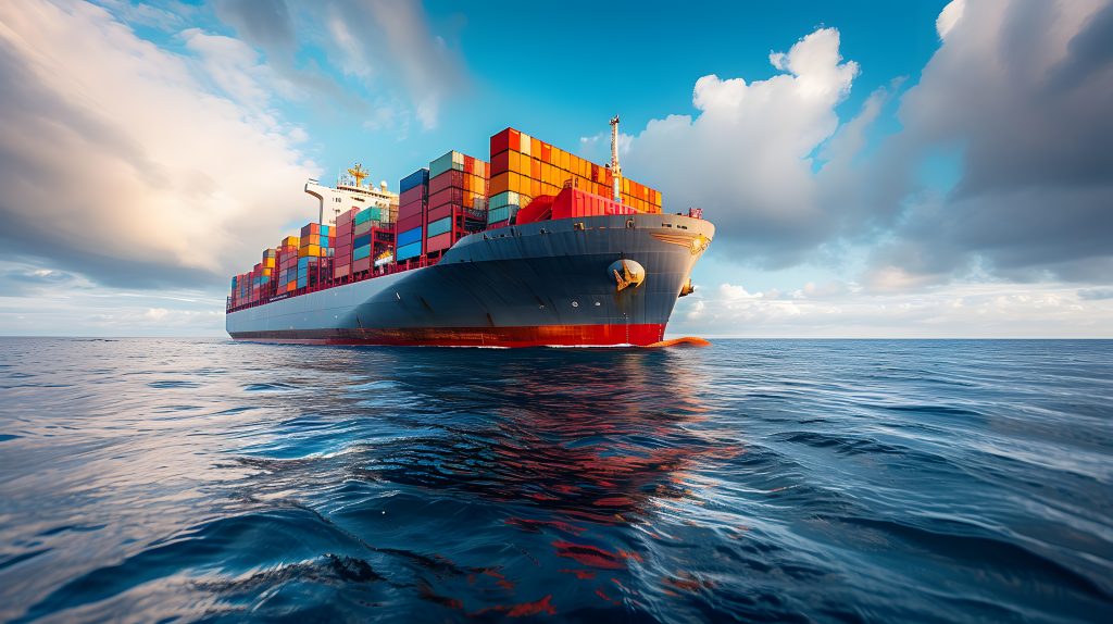 A large cargo ship loaded with colorful shipping containers sails on calm ocean waters under a partly cloudy sky.