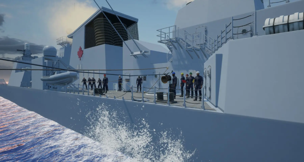 A group of uniformed crew members stands on the deck of a naval ship with a Canadian flag emblem, as water splashes alongside the hull at sea.
